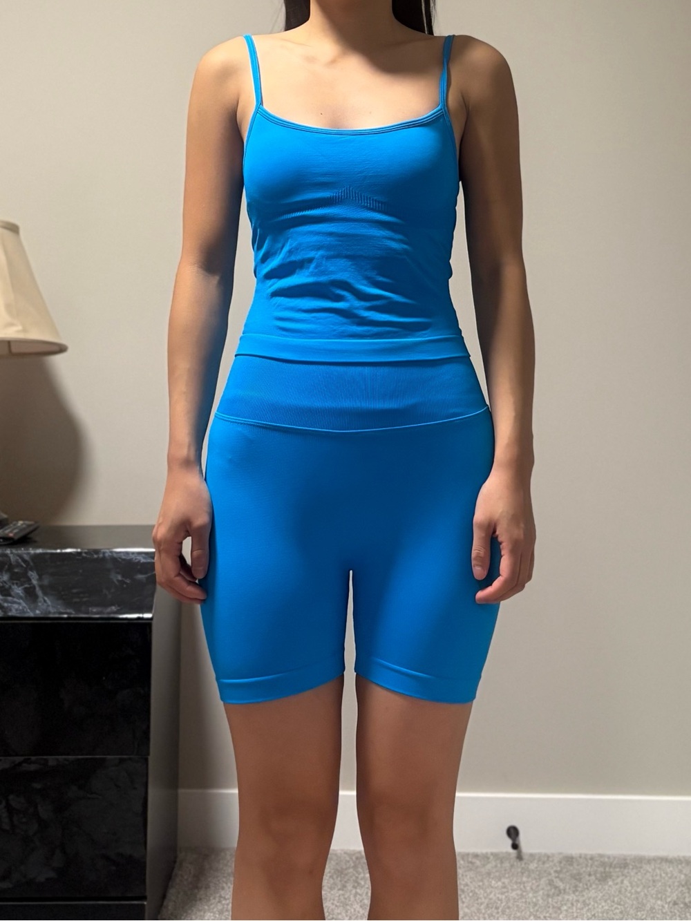 Vibrant Blue Seamless Sports Bra Tank with Matching Bike Shorts